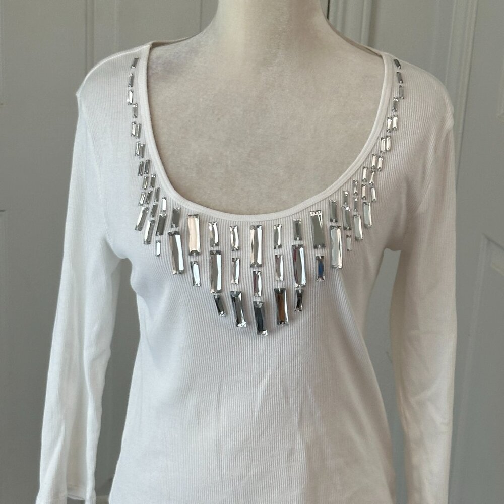 Michael Kors White Mirror Accent Scoop Neck Top M Cotton 3/4 Sleeve